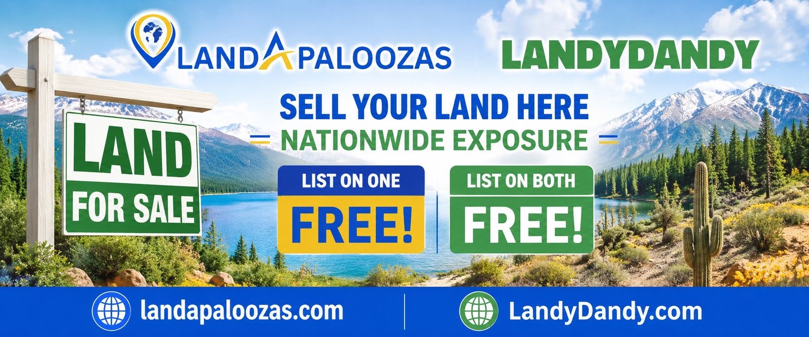 Sell your land here — list free on Landapaloozas and LandyDandy for nationwide exposure