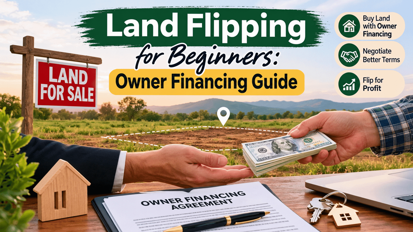 Land flipping for beginners with owner financing agreement and land for sale.