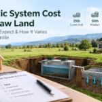 Septic system cost on raw land with a septic tank, drainfield, and 25th, 50th, and 75th percentile cost indicators.