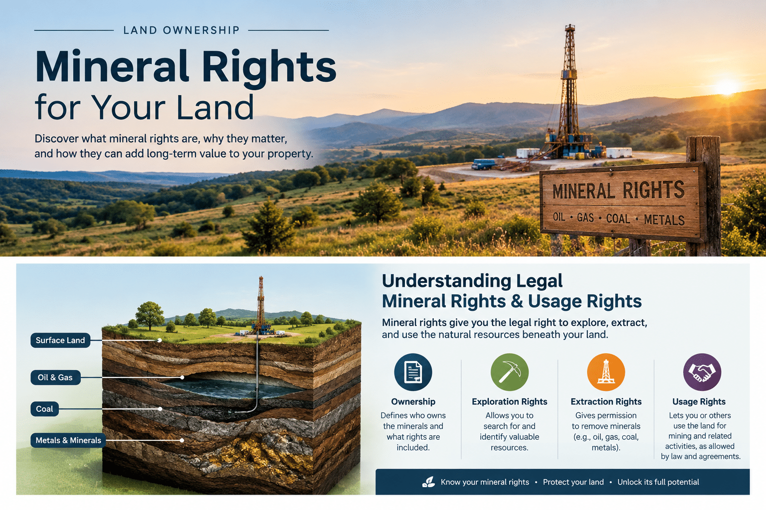 Mineral rights for land showing oil, gas, coal, and underground resources.