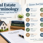Real estate terminology infographic showing common property terms such as deed, title, escrow, mortgage, lease, zoning, appraisal, easement, and closing.